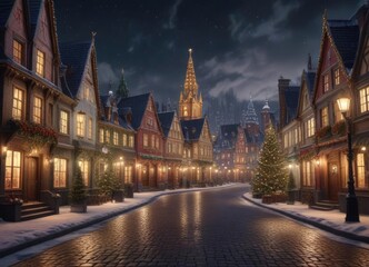A festive Christmas village with glittering buildings and sparkling streets, icicle-lit streets, snow-covered houses