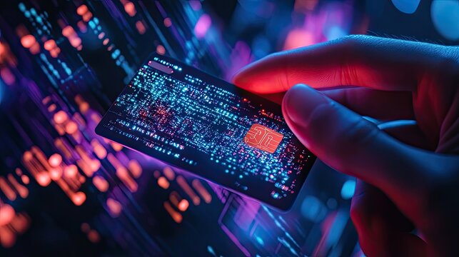 Hand holding futuristic credit card, digital data background, online payment, secure transaction