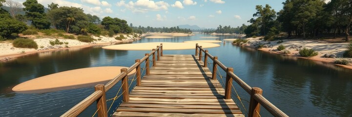 Obraz premium A sturdy wooden bridge spanning a wide river with sandy riverbanks and trees, tranquil settings, peaceful retreats