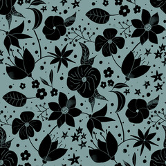 Black flowershapes cutoutstyle on sage background, seamless pattern