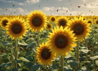 Fototapeta premium A field of tall sunflowers swaying gently in the breeze with a swarm of bees flying around them, bees, nature,