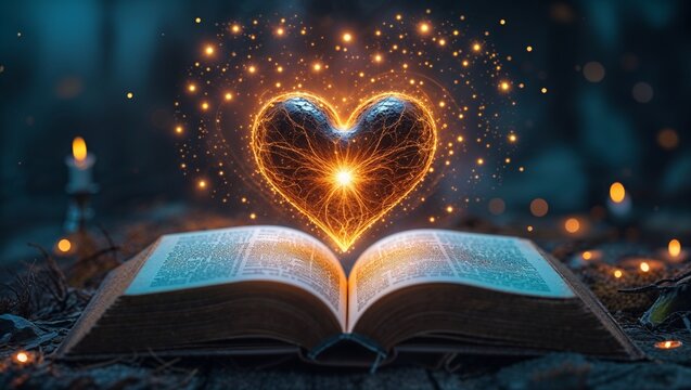 Magical heart of light hovering above an open book filled with enchanting stories and wisdom