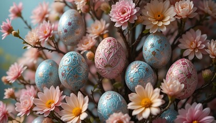 Obraz premium Colorful decorated Easter eggs nestled among blossoms for festive spring celebration 