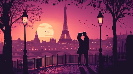 minimalistic romantic Paris cartoon, for Valentine's day.