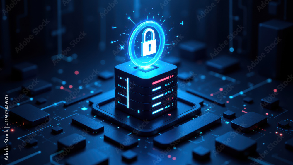 Poster illustration of a digital lock symbolizing cyber security with glowing technology lines and server b