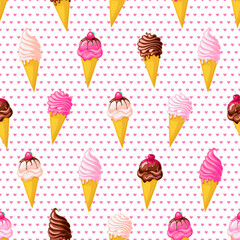 Pink strawberry and chocolate ice cream with cherry. Seamless pattern on white background with hearts. Texture for fabric, wrapping, wallpaper. Decorative print.