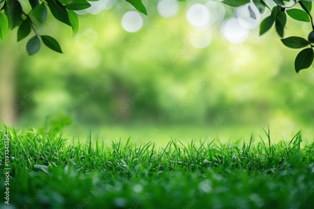 Poster lush green grass with natural bokeh background and ample copy space for text placement and design el