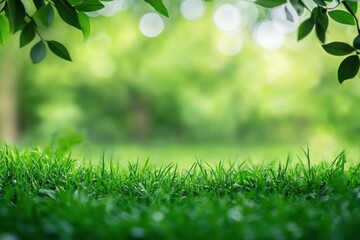 Obraz premium Lush green grass with natural bokeh background and ample copy space for text placement and design elements. Generative AI