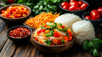 Fresh Colorful Vegetable Salad with Noodles and Spices on Rustic Wooden Table