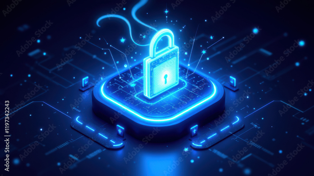Aufkleber digital security lock with blue light and glowing cyber network background symbolizing internet safe