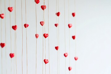 Fototapeta premium Red hearts hanging from strings against a white background create a romantic atmosphere, perfect for valentine's day
