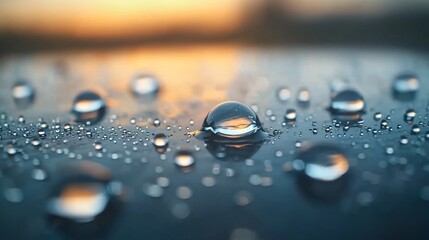 Close-up of water droplets on a dark surface at sunset.
