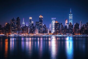 Obraz premium A panoramic city skyline at night, with illuminated buildings reflecting urban life