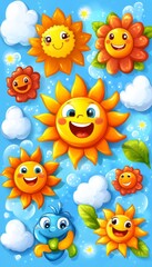 Fototapeta premium Happy Sunny Day. Illustration With Cartoon Smiling Suns And Flowers On Blue Sky Background