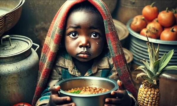 Child holding bowl of food with expression of concern in a rural setting