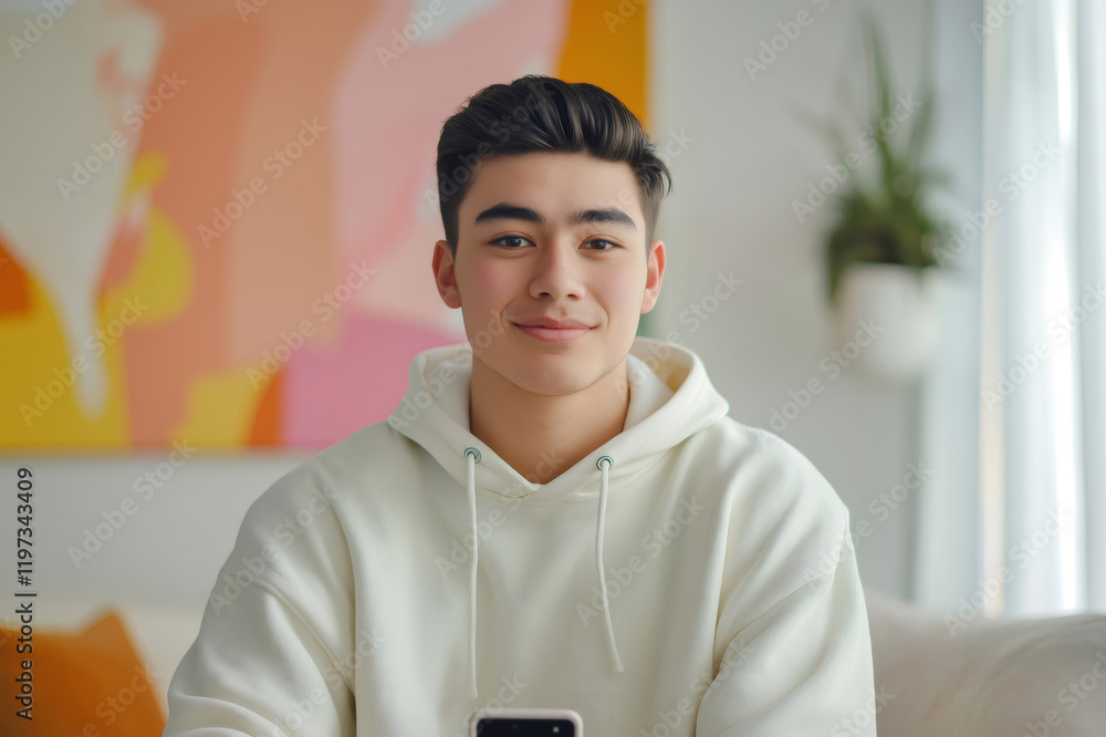 Poster young man sitting on sofa at home, showing custom phone case mockup while smiling and looking at cam