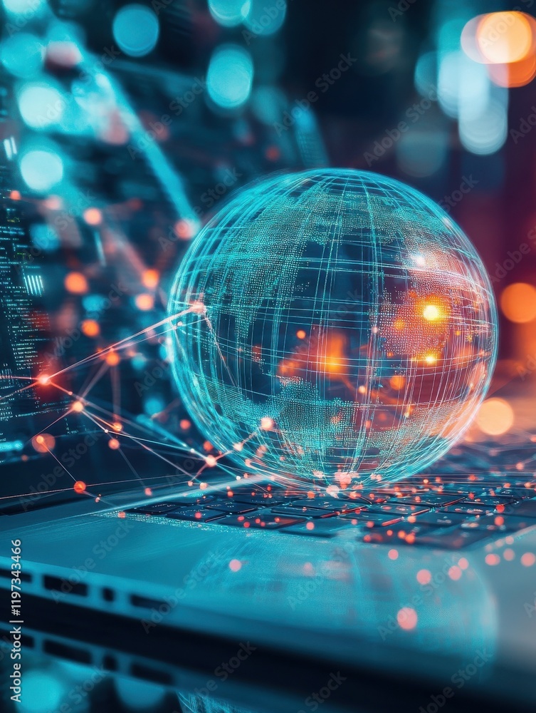 Poster close up of laptop with creative digital linear sphere on blurry background. global network and comm