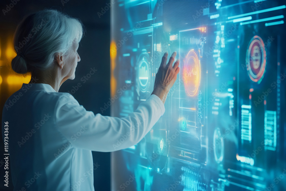 Poster focused female scientist interacting with a futuristic transparent display computer, showcasing inno