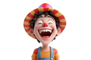 Obraz premium 3D character boy wearing a colorful clown hat with a red nose, laughing joyfully on a white background