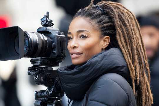 Confident African American Female Videographer with dreadlocks Operating a Professional Video Camera Outdoors