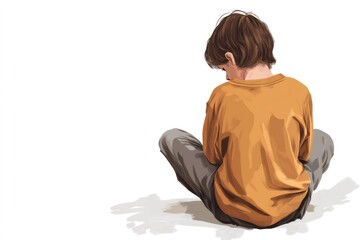 Sad boy sitting on the floor with crossed legs and hanging head, showing back, expressing sadness and loneliness, on white background