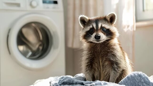 cute raccoon near washing machine with dirty laundry in bathroom