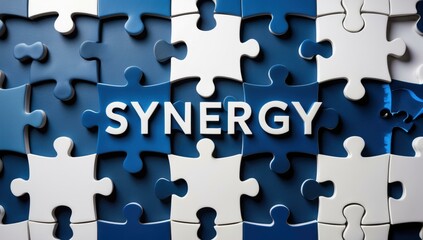 Obraz premium Wp fusion Brand Strategist Shopify developer Account Executive Content Layer 2 Teemyco Swiftly Integrately Huspy White blue puzzle pieces with word synergy in center, collaboration concept, business 
