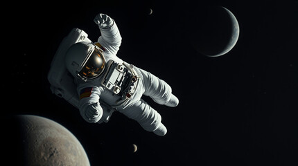 An astronaut floating in space, with planets and stars around them
