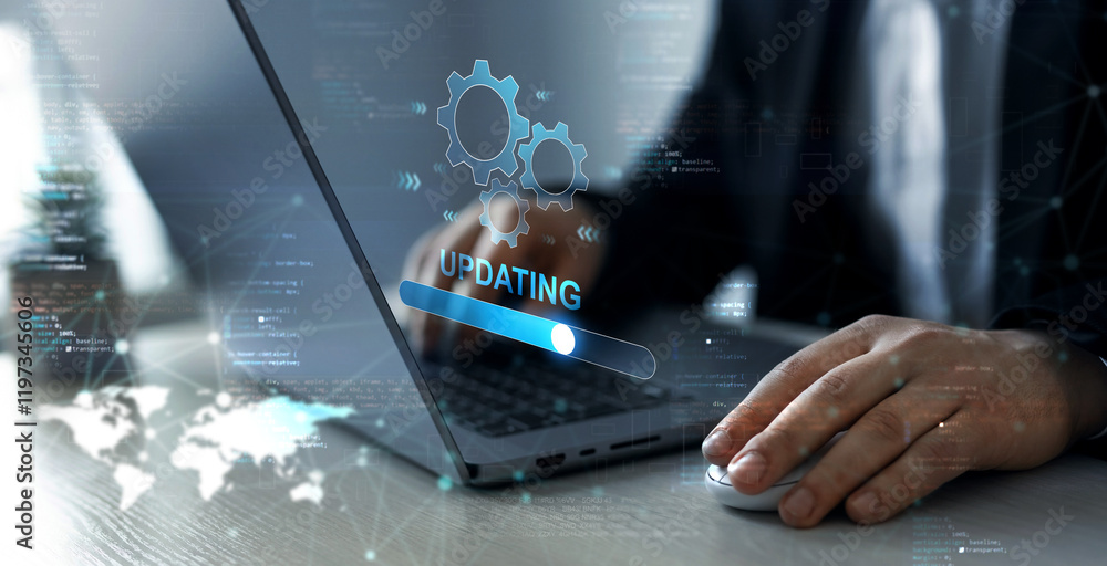 Poster developer who developed a new version to improve your software.operating upgrade system. process of 