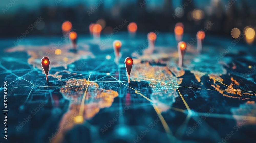Poster technology and global connection concept. close up of digital map with location pins and laptop on b