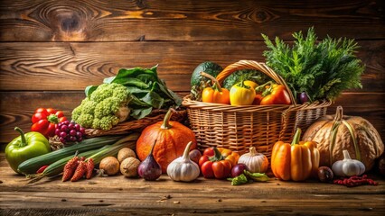 A wooden table with a beautifully arranged still life of seasonal vegetables, harvest time, centerpiece