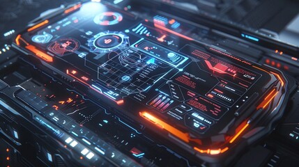 Obraz premium Futuristic cyberpunk inspired digital circuit board technology background with glowing neon lights complex electronic components and a high tech interface visualization