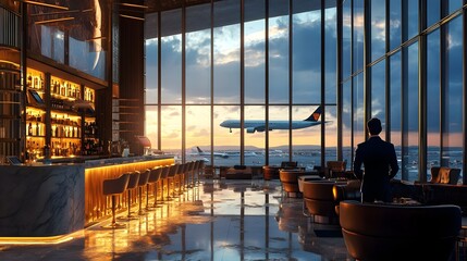 A businessman in a luxurious airport lounge with elegant decor, a bar, and large windows overlooking planes, embodying luxury travel and professionalism