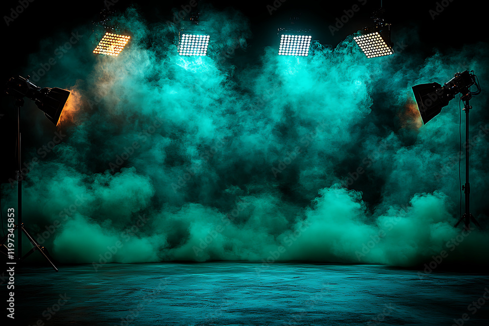 Aufkleber dramatic lighting setup with fog in a studio, creating an atmospheric backdrop for photography