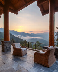 Fototapeta premium Luxury mountain villa porch with wicker chair overlooking misty valley landscape during golden sunset hour in nature retreat