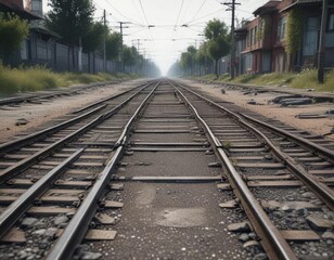 Obraz premium Abandoned tram tracks stretching into the distance, sunrise, nature scene, empty landscape