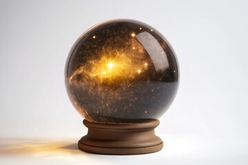 Glass sphere on wooden base glowing with stars inside, representing universe or galaxy, on plain white background
