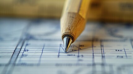 Close up view of a pencil marking a blueprint or technical drawing diagram symbolizing the planning engineering and construction process for a detailed project or architectural design