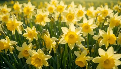 Fototapeta premium Vibrant field of blooming yellow daffodils under bright sunlight in a spring landscape