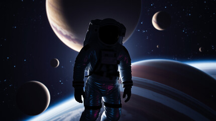 An astronaut floating in space, with planets and stars around them