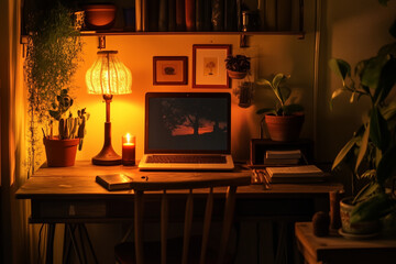 Cozy wooden workspace corner with warm lighting and greenery at night