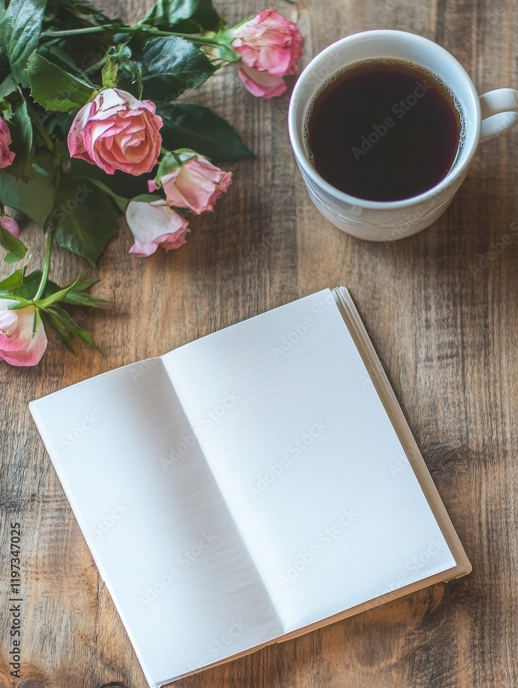 Poster cozy workspace with an empty notepad and a cup of coffee next to fresh pink roses on a wooden table.