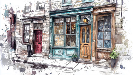 Watercolor-style depiction of a rustic street with colorful doors and quaint shop windows, evoking a cozy, nostalgic vibe.