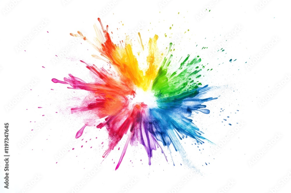 Poster rainbow colors exploding from the center creating beautiful paint splatters on white background