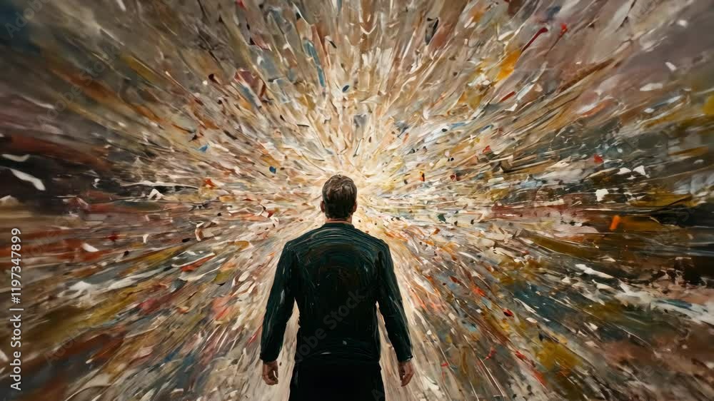 Poster man stands before an explosion of colors in a dynamic artistic display, capturing a moment of awe an