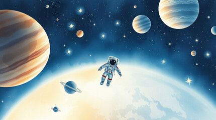 An astronaut floating in space, with planets and stars around them