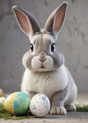 Obraz premium Adorable grey and white bunny with an Easter egg, cute animal, easter egg