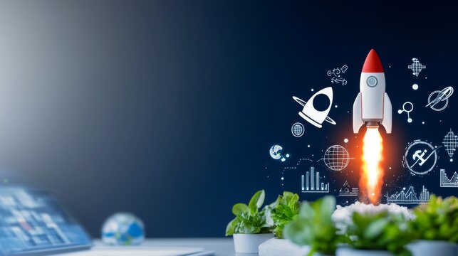 Small rocket ship launching with an innovative design, symbolizing the future of space exploration and high-tech innovations, surrounded by advanced infrastructure and dynamic visuals
