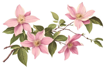 PNG Pink flowers illustration leaves leaf branch.