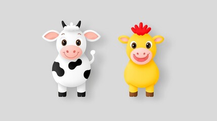 Adorable cartoon cow with black and white spots, posed against a grey backdrop.
